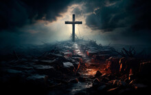 Christian Cross On Top Of A Devastated Land On Dark Stormy Day. Concept Of Apocalypse, Judgment Day, End Of World, Destruction Of Planet Earth. AI Generative
