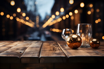 Christmas wooden table mockup with candles, glasses, balls and lights background. Festive template banner with creative bauble decoration and copy space.