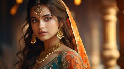 Portrait of beautiful indian girl in traditional Indian costume with kundan jewelry.