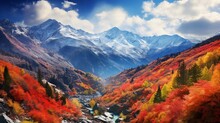 A Mountain Range Covered In Vibrant Autumn Foliage. 