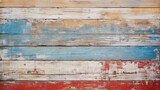 Fototapeta Do akwarium - Texture of vintage wood boards with cracked paint of white, red, yellow and blue color. Horizontal retro background with wooden planks of different colors See Less