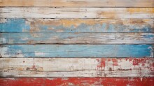 Texture Of Vintage Wood Boards With Cracked Paint Of White, Red, Yellow And Blue Color. Horizontal Retro Background With Wooden Planks Of Different Colors See Less