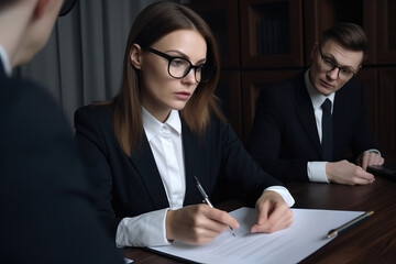 A business in smart suit with brunette hair and glasses, holding a pen and writing detail on a contract