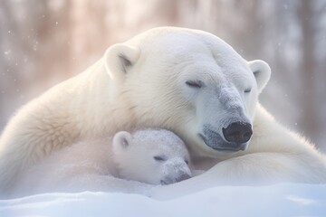 Wall Mural - polar bear with her little one sleeping in the snow