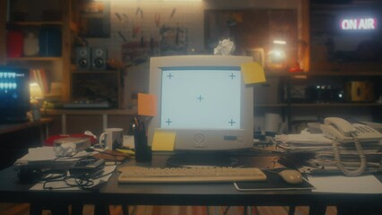 Dolly in no people shot of old desktop computer on desk in garage office, 90s aesthetics, copy space