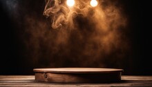 Empty Blank Old Dark Brown Wooden Table Podium Stand Platform White Smoke Smog Fume Dim Light Glow Grudge Wall Background Eerie Rustic Backdrop Halloween Creepy Banner Mockup Product Display Showcase