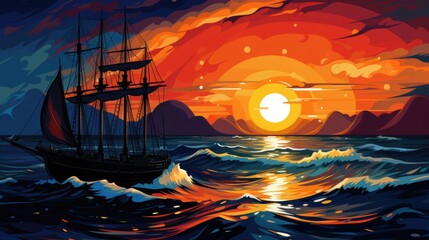 Poster - A painting of a ship sailing in the ocean at sunset, AI