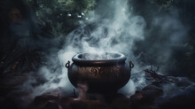 Realistic Witch Cauldron In A Spooky Scene With White Colored Smoke. Witch Cauldron For Halloween.