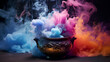 Realistic witch cauldron in a spooky scene with multicolored smoke. Witch cauldron for Halloween.