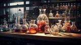 Fototapeta Paryż - Lab of Discovery: A Chemistry Background Featuring Erlenmeyer Flasks and Test Tubes Filled with Mysterious Fluids, Unveiling the Enigmatic World of Scientific Exploration