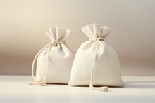 Beige Silk Fabric Bags With Laces For Jewelry Are On The Table