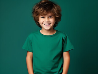 Wall Mural - Cute boy wearing blank empty green t-shirt mockup for design template