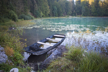 Poster - Barque sur le lac Genin dans l'ain en france en été entre Oyonnax et nantua. Un petit lac très beau entouré de forêt, calme et reposant