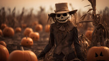 Sinister Scarecrow With Pumpkin Head. Monstrous Scarecrow In A Pumpkin Patch. Horror Scarecrow For Halloween. 