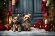 Two Cute Small Dogs Wearing Santa Hats In Front Of Christmas Decorated Porch With Little Trees And Lanterns. Christmas Background, Christmas Card