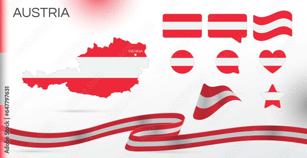 Austria Graphics Vektor Austria flags set. Various designs. Map and capital city. World ...