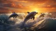 a pod of dolphins leaping joyfully out of the sparkling ocean waves, celebrating the wonders of marine life