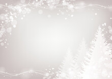 冬のキラキラ背景フレーム 白を基調とした木と雪のシンプルな飾り枠