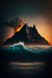 Scenery of ocean waves in the sunset rays. Generative AI