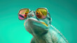 
A stylish chameleon wearing sunglasses, a trendy and colorful reptile with a vibrant gradient background. Unique and fashionable animal concept