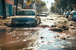Leinwandbild Motiv Flooded cars on on city street. Dirt and destruction after natural flood disaster