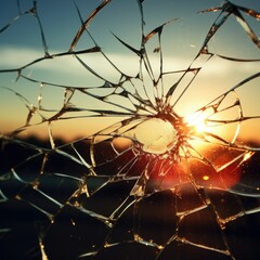  broken glass on the background of the sun and the city