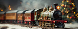 Toy vintage locomotive in Christmas blur light background. Cartoon Illustration. Banner with winter and New year celebration concept