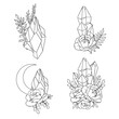 Vector line art mystical celestial magic witchcraft elements. Esoteric crescent moon,  crystals, peone roses, stars, leaves, line art.