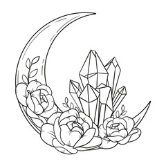 Vector line art mystical celestial magic witchcraft elements. Esoteric crescent moon, crystal, peony rose, stars, leaves, line art.