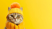 Cat Wearing Knit Hat, Scarf, Pastel Yellow Background, 