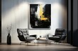 Modern living room with black wall backdrop, showcasing a chair and wall art, digitally designed. Generative AI