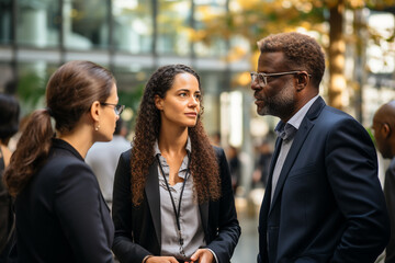 Wall Mural - People, business, lifestyle concept. Portrait of multicultural business team. Various cultures employees posing to camera in conference, exhibition event or company hall. Happy emotions. Generative AI