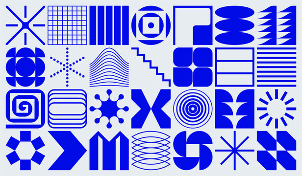 Set of abstract geometric vector shapes, Futuristic and modernist logos and symbols, Swiss design inspired