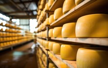 Heads Of Cheese In Wax Ripen On Wooden Shelves In Cheese Factory. Generative AI