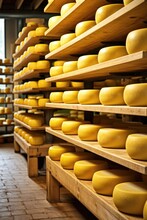 Heads Of Cheese In Wax Ripen On Wooden Shelves In Cheese Factory. Generative AI