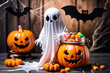 little white ghost with candy jar doing trick or treating, concept Religion and Culture, generative ai