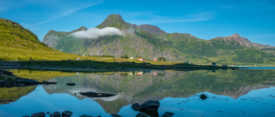 Wall Mural - Stunning fjord lansdcapes along the coast of the island of Flakstad, Lofoten Islands, Nordxland, Norway