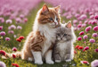Couple cute and adorable little fluffy cat meadow. Generative AI