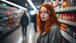 A young woman with red hair navigates the aisles of a grocery store alone, subtly embodying the characteristics of social anxiety and introversion, representing the Gen Z experience.