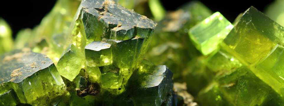 green crystals under a microscope, rough and transparent mineral texture, panoramic gemstone background, AI