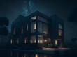 Night-time exterior shot of a laboratory complex, with the building illuminated against the dark sky. AI Generated