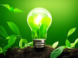 A green light bulb on a green background. green energy. Renewable energy sources are important for the world. AI Generated