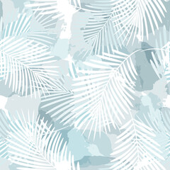 Wall Mural - Palm Leaves Pattern. Watercolor Palm leaves seamless vector background, blue jungle print textured