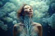 A visually striking image of a woman with a tree growing out of her chest. This intriguing photo can be used to represent themes of growth, connection with nature, or the concept of carrying a burden.