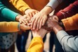 A group of people joining their hands together in unity and support. This image can be used to represent teamwork, cooperation, friendship, or community engagement.