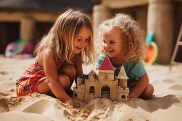 Two little girls are seen playing in the sand with a sand castle. This image can be used to depict childhood, friendship, summer activities, or beach fun.