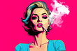Glamour & Smoke: Beautiful Woman Puffing on a Cigarette amidst a Vibrant Pop Art Setting