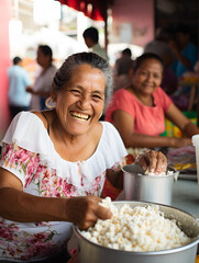 An hispanic happy and smiling woman making different Mexican street food on a selling market