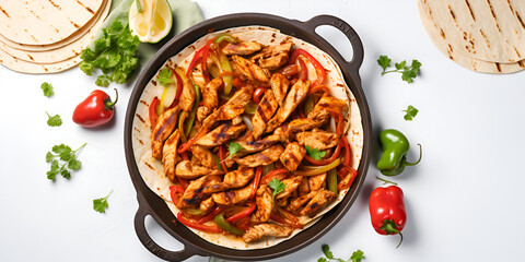 Top view of delicious chicken fajitas in a pan with corn tortillas on white table with peppers and cilantro 