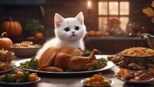 Cute White Kitten Enjoying A Thanksgiving Day Feast With Turkey, Stuffing, And Pumpkins